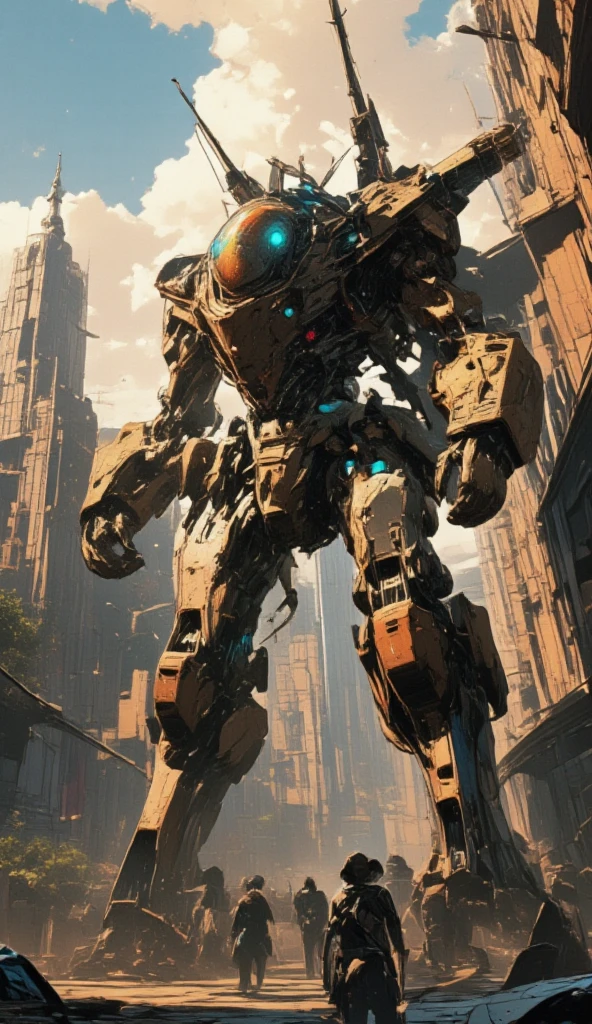 (in the steampunk mechanical city), (gigantic Steampunk mecha,in fight stance realistic, dynamic background, focus on robot, blurry background,dynamic angle,shot from below,impressive,Substantial,Imposing,Solid,overwhelming presence.Dutch angle).  (steampunk landscape, ground level shot). sci-fi,science fiction.(highly detailed, the wallpaper, golden ratio, high saturation realism, vibrant colors, dramatic lighting, persuasive storytelling, atmospheric scenery, captivating visuals, intricate details, strong emotions, dreamlike world).great landscape.screen shot of game