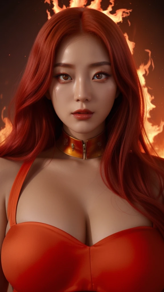 A beautiful Martian alien with red flame hair and a soy sauce face, her hair is made of flames, she has a third sleeping eye in the center of her forehead, a fantasy of the fantastical world of Mars surrounded by fire, light and mist, ultra high quality, 8k