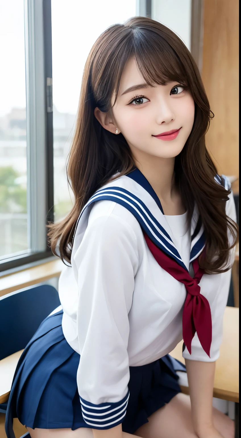 girls in school classroom,long-sleeved white sailor leotard with frill skirt,red bow tie,18-year-old,bangs,a little smiles,thighs,knees,crotch,low ponytail,from below