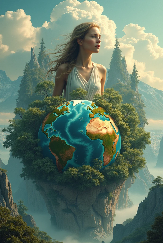 Create an image featuring a humanoid figure appearing to be made of stardust, where one can discern wisps of nebulae and constellations within this form. This figure has hair and is delicately holding the Earth in one hand. The Earth itself is teeming with diverse forms of life, represented through miniature depictions of various plants and human figures of diverse descents and genders dotting the landscape. In the other hand, this figure holds a different, unnamed planet. The background is a vast expanse of space, with the radiant sun on one side of the Earth and the moon casting its cool glow on the other side., cleavage, thigh, short skirt, sexy