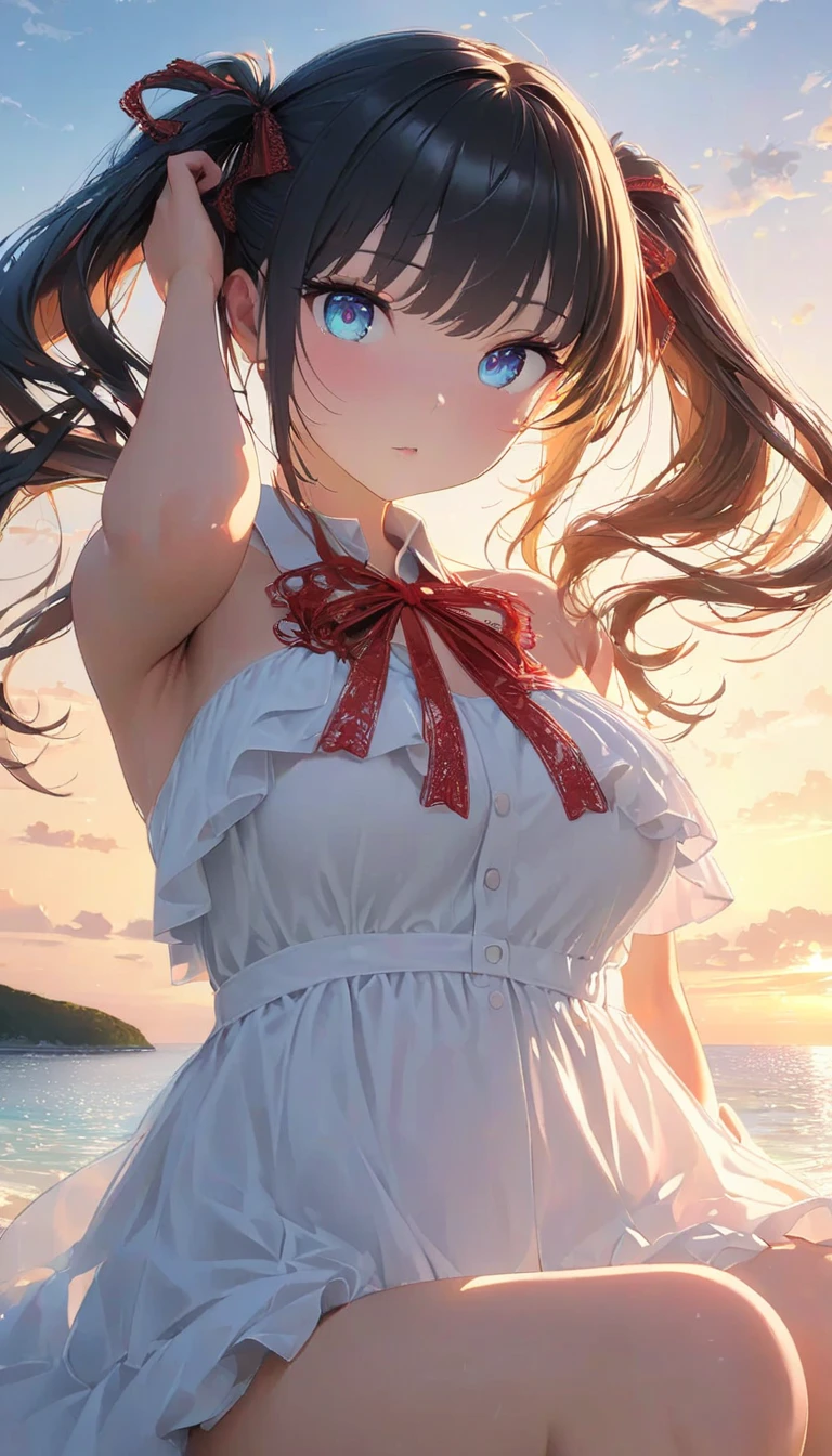 landscape, summer, sunset,  Okinawa, sea, unmanned,  beach ,  no one, Hot Weather, sunset, 【HD Details,  super detailed, membrane,  hyperrealism , Soft light,  Deep Focus Blur ,  raytracing , アートステーション pixiv Gwise, 新sea誠,  artgerm、( slim、1 person,  cute young woman, , pose using medium bust ,  black hair、 Twin Tail Hair、Azure Eyes、 tie your hair with a large red lace ribbon),delicate beautiful eyes , has his legs open , high definition , masterpiece, pictures of girls , eyes are drawn in detail {x} cute and beautiful face down to the last detail、Beautiful Bangs, Bangs between the eyes, ( eyeliner , lipstick:0.9),