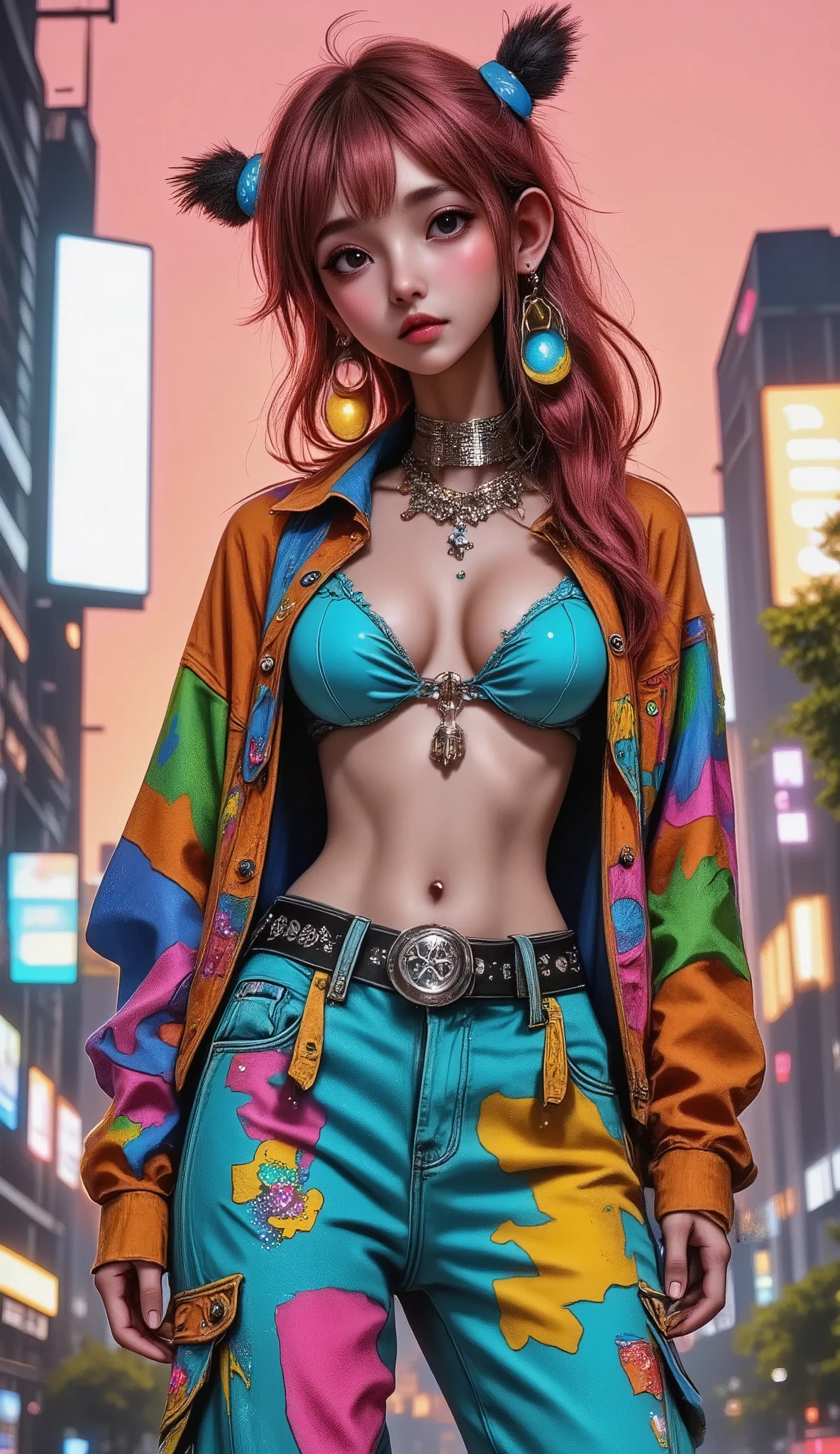  general plan,  full body :1.3,  a painting of a woman with tattoos and clothes all painted with drawings, shoes,  belt on the pants , painted top ,  you can see the cyan bra ,  rasta hair in a ponytail ,  with colored dreadlocks , earrings,  culceras several , necklaces,  sensual pose medium in profile looking at the left side , , Cyberpunk art by Russell Dongjun Lu  ,  trend in CGSociety  , street art,  character art cyberpunk 2077 , Cyberpunk streetwear,  cyberpunk style 2 0 7 7  ,  cyberpunk 2077 ross drawings ,  highly detailed character design  , cyberpunk art style, cyberpunk style attire,  cargo pants.  cyberpunk city 