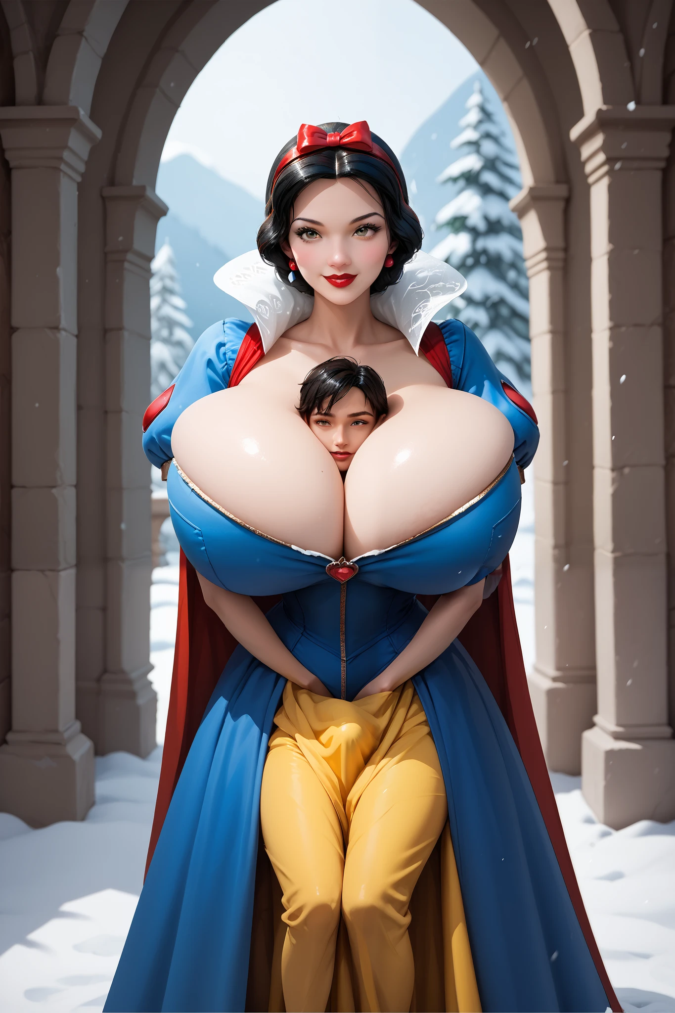 (Disney Princess Snow White trapped a boy inside of her dress:1.3), Snow White has short black hair with a red ribbon overtop, she has almond-shaped hazel eyes, full red lips, and a seductive smile. She is wearing a gown with a dark blue bodice and a yellow ankle-length skirt, large puffy sleeves, (gigantic breasts:1.4), (Under Another's Clothes:1.4), (face between breasts:1.4)