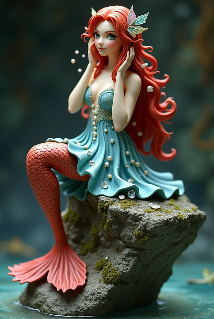 ((The little mermaid character also known as the Ariel in Walt Disney))Red long Hair. Red Bangs, Blue large eyes. Red pink lips, slender body. Slender Tail with fins WEARING white and  purple mix sparkling dress with one shoulder strap dress. Sitting on a large giant white Clam.