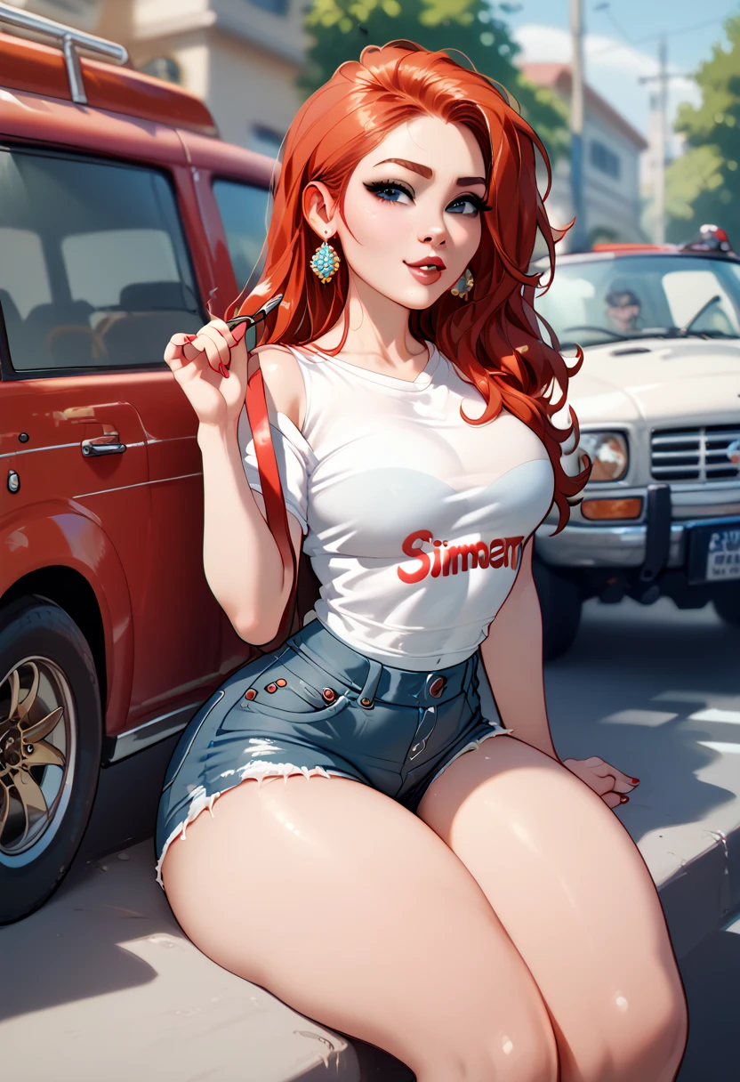   photo of a Thai woman ,long straight hair,   white shirt with one shoulder wide open   ,  short and tight denim shorts , thick thighs , sitting on the bumper of a red Scania truck, sunny day on the street  ,