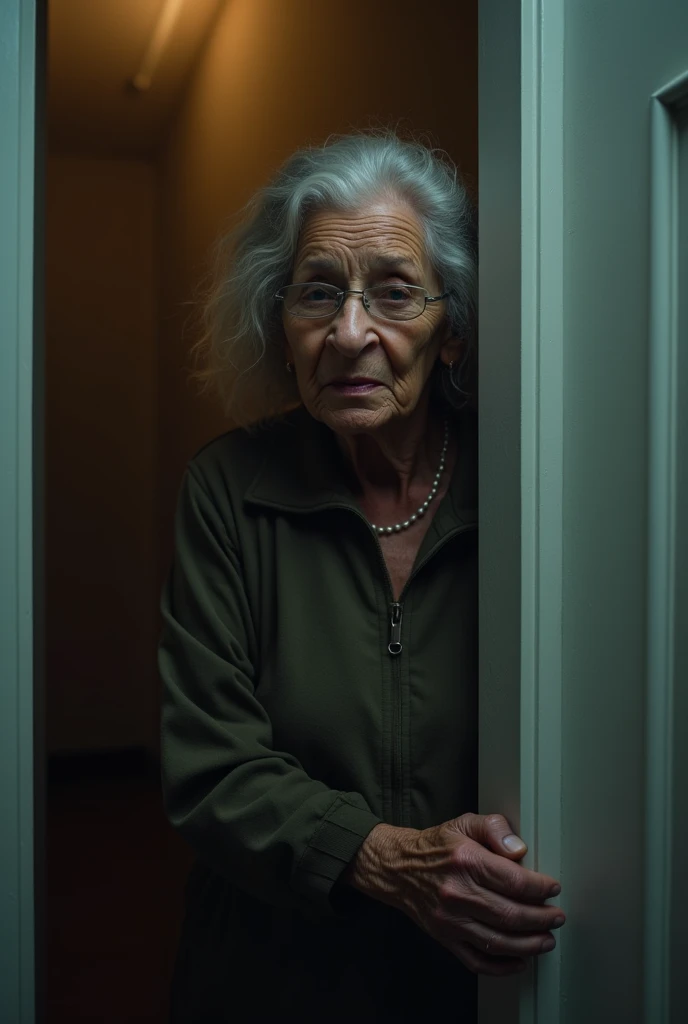 A 65-year-old woman wearing glasses, skinny weighing 45 kilos distributed in a body with 170 centimeters tall, with small, sagging breasts, wide hip, thick legs and thighs. She has an expressive face with lines of time from age, small mouth, brown eyes with a serene and suffering look, light brown eyes and wavy hair. She is wearing a long black skirt and has both hands holding a totally open white social shirt totally exposing her beautiful totally naked breasts, and she is leaning against a wall in a deserted and dark alley in a Brazilian favela at night.