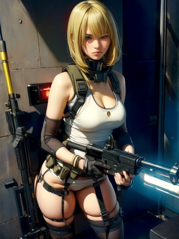 super fine illustration, ultra high resolution, masterpiece, highest quality, perfect dark skin, perfect lighting, detailed lighting, dramatic shadow, ray tracing, 1 beautiful white milf, looking at the viewer, small breasts, exposed cleavage, beautiful detailed hazel eyes, sharp face, clear eyes, long bang, ((medium curly blond hair:1.2)), ((post-apocalyptic fiction)), ((desert:1.2)), Upper body, battle suit, military harness, Alice Abernathy - Resident Evil Series, Milla Jovovich,