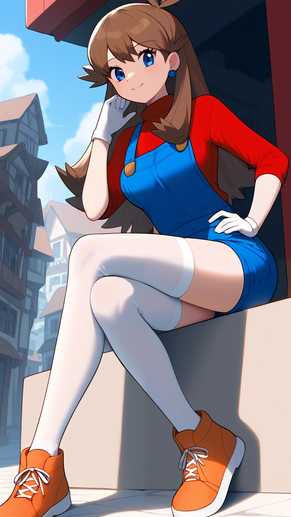 bare hands, no gloves ,Orange brown hair,  long hair,  blue eyes, red long sleeve shirt , blue shorts overalls,  white knee-high stockings reflective on glass floors,  absolute domain, Ample breasts,  Tall, Anime Coloring Book,  viewers who stop at the edge, 1 Female, Age 18,  is standing, Three idiot hairs ,  with bangs, whole body, Place one hand on hip,  slim figure,  sexy smile,  Seductive Smile , Orange shoes,  top quality,  Detailed Background , town, building,  break 1 girl sitting, Alone, (\ Pokémon\), Outdoor,
