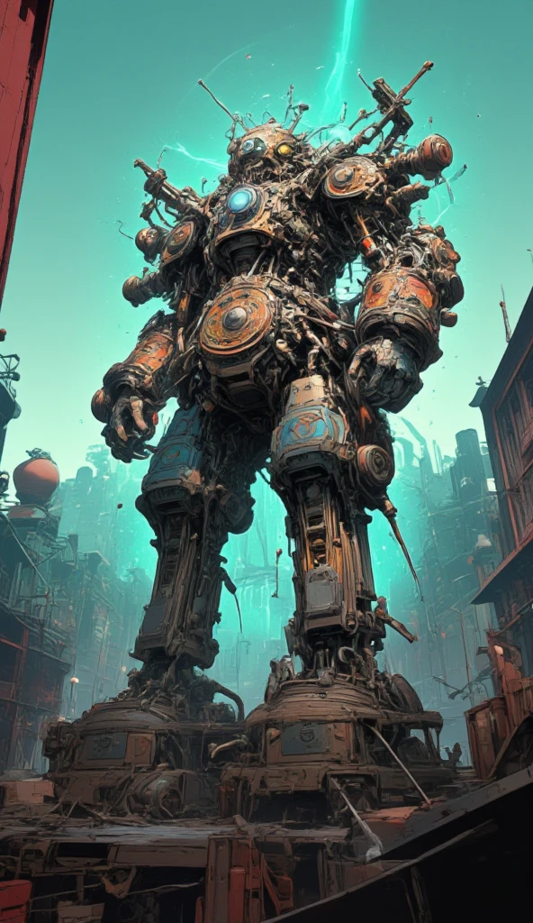 steam engine everywhere.(in the steampunk mechanical city), (gigantic Steampunk mecha,in fight stance realistic, dynamic background, focus on robot, blurry background,dynamic angle,shot from below,impressive,Substantial,Imposing,Solid,overwhelming presence.Dutch angle).  (steampunk landscape, ground level shot). sci-fi,science fiction.(highly detailed, the wallpaper, golden ratio, high saturation realism, vibrant colors, dramatic lighting, persuasive storytelling, atmospheric scenery, captivating visuals, intricate details, strong emotions, dreamlike world).great landscape.screen shot of game,clckwrk,steam