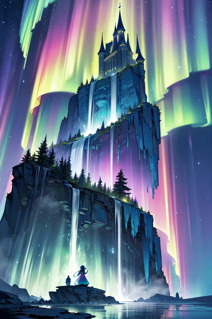 A magnificent fantasy castle perched on a rocky cliff, surrounded by cascading waterfalls and floating islands, under a glowing aurora borealis, in ultra-detailed resolution.