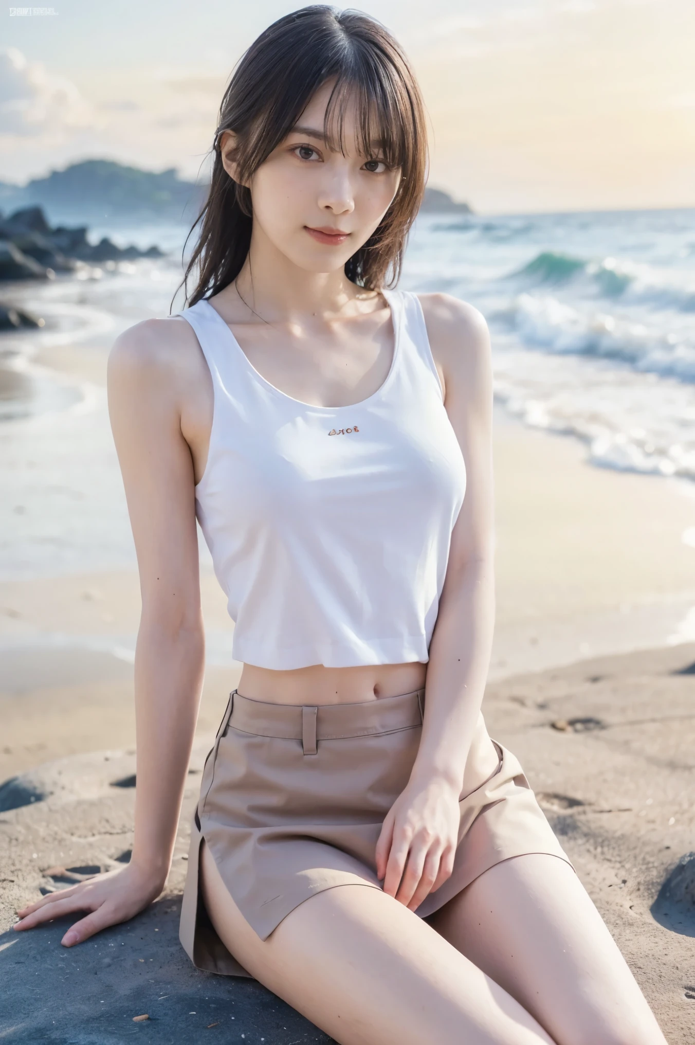Sadie sink in white bikini black bracelet on leg and t-shirt on a beach