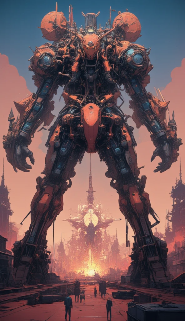 steam engine everywhere.(in the steampunk mechanical city), (gigantic Steampunk mecha,taking fight stance, realistic, dynamic background, focus on robot, blurry background,dynamic angle,shot from below,impressive,Substantial,Imposing,Solid,overwhelming presence.many mechanics looking up at).  (steampunk landscape, ground level shot). sci-fi,science fiction.(highly detailed, the wallpaper, golden ratio, high saturation realism, vibrant colors, dramatic lighting, persuasive storytelling, atmospheric scenery, captivating visuals, intricate details, strong emotions, dreamlike world).great landscape.screen shot of game,clckwrk,steam