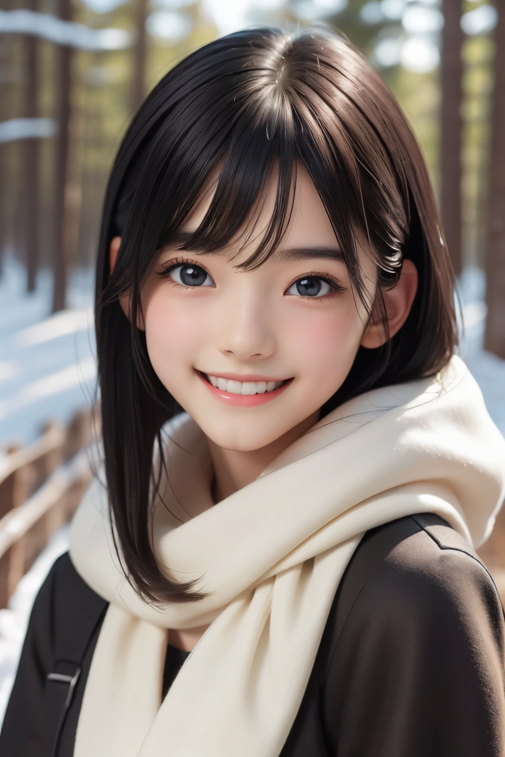 (ultra Realistic) , (illustration), (Enhance resolution), (8k), ( Extremely Detailed), ( detailed face ), Black Straight Hair, Slim Body, in the dark , deep shadow, low profile, pureerosfaceace_v1, Happy smile, Winter, forest