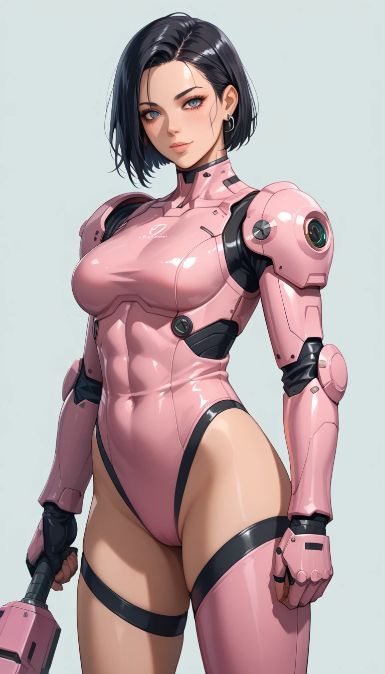 Character design of a woman wearing a pink cybernetic exoskeleton、Gray Hair、Concept Design Sheet、White background、Yoji Shinkawa's style --s 750 --niji 5