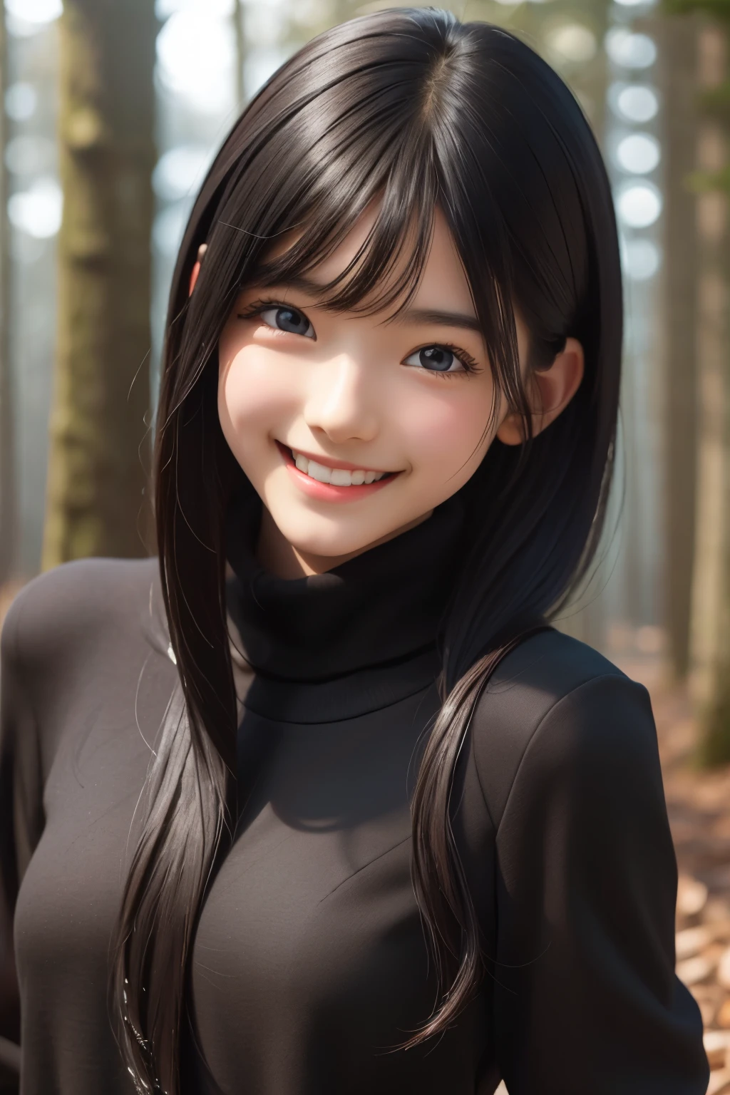 (ultra Realistic) , (illustration), (Enhance resolution), (8k), ( Extremely Detailed), ( detailed face ), Black Straight Hair, Slim Body, in the dark , deep shadow, low profile, pureerosfaceace_v1, Happy smile, Winter, forest