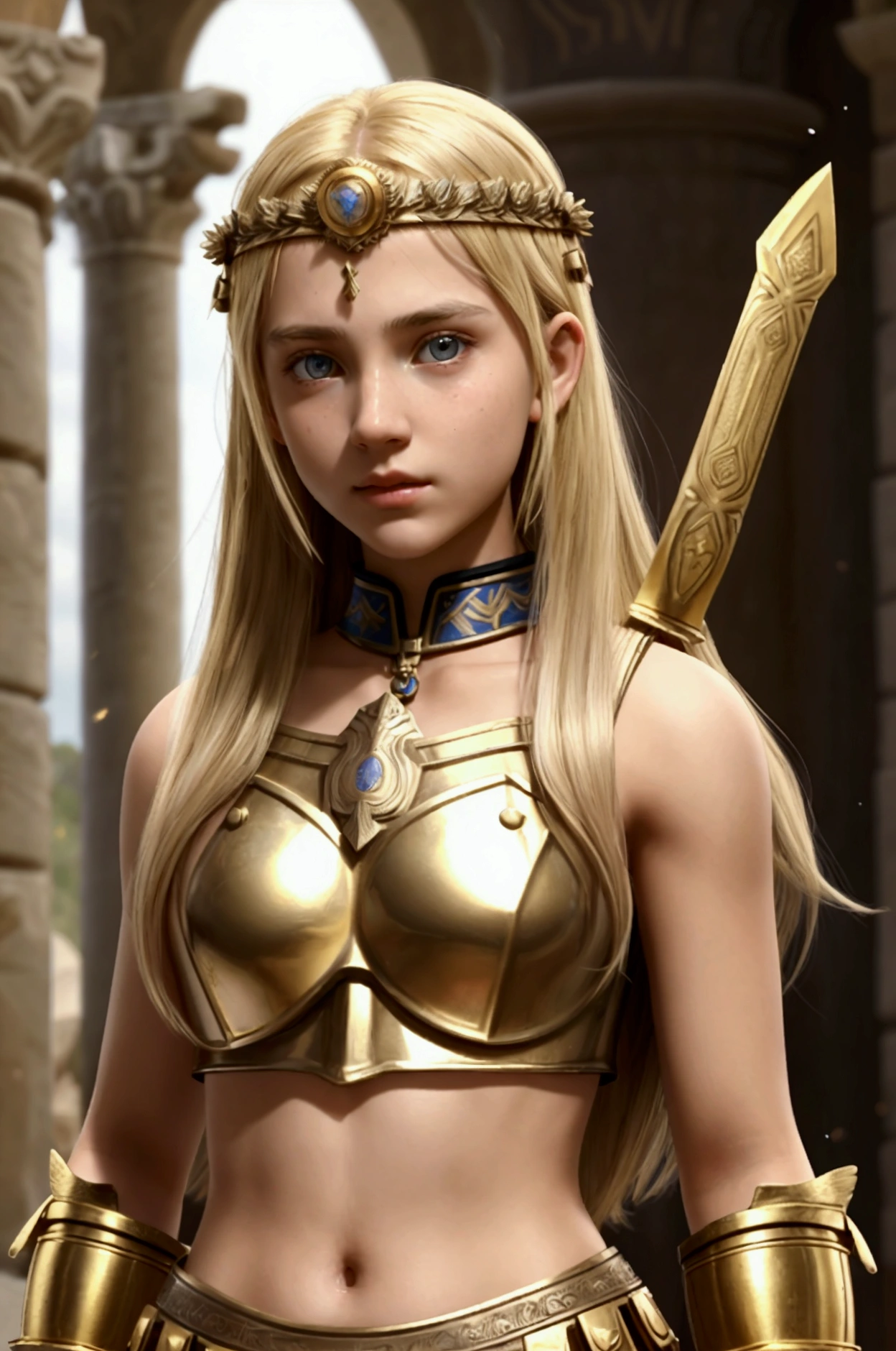 teen girl, roman warrior, princess blade , , teenager girl, small breasts, mini cropped, valkyrian princess ,blonde, detailed face, beautiful, confiant, background in uk land with flowers, nsfw
