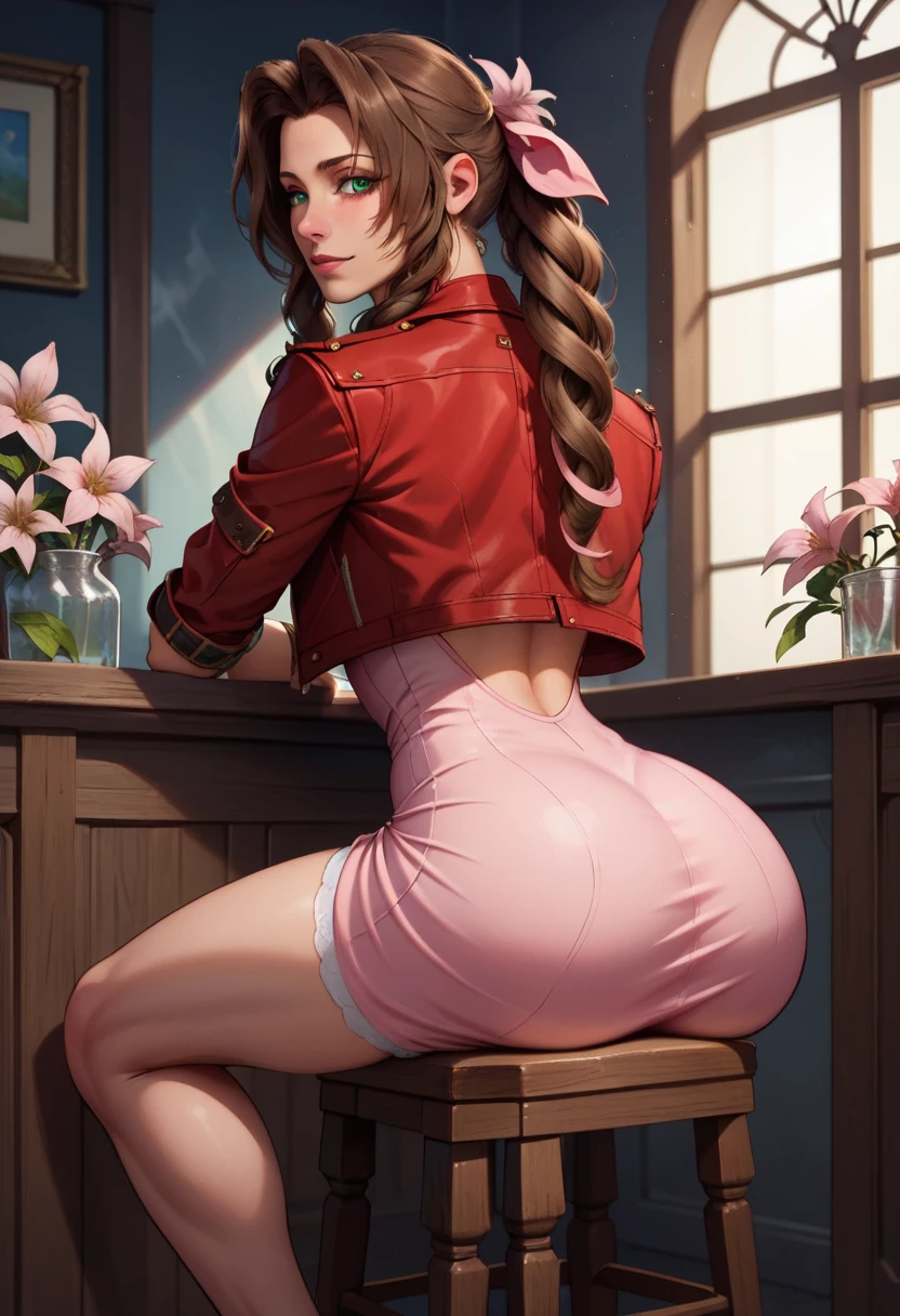 (masterpiece, best quality, absurdres, 4k, aesthetic, detailed, intricate, perfect lighting),cinematic lighting,cinematic angle,,1girl,sitting on stool,aerith gainsborough,big butt,cropped jacket,hair flowers,long hair,pink dress,hair ribbons