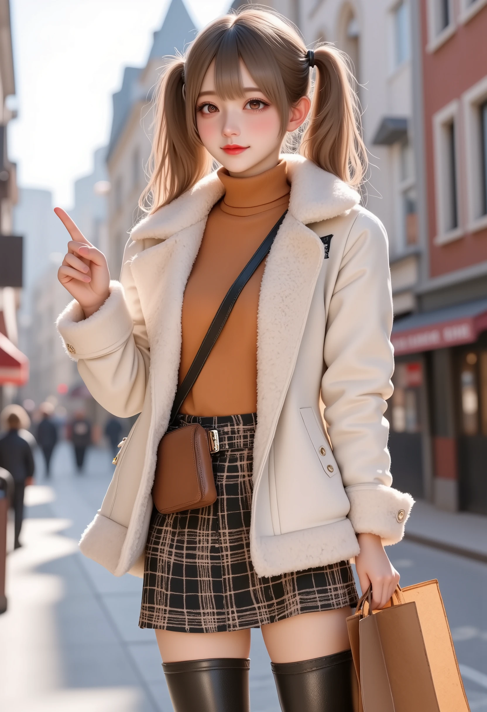 realistic photo style,masterpiece, best quality, 8k, highres, ultra-detailed,HDR, UHD, professional, best quality, 1girl,chibi, winter outfit, white coat, plaid skirt, thigh-high boots, brown crossbody bag, shearling jacket, orange turtleneck, high-waisted pants, black ankle boots, holding shopping bag, arm in arm, pointing gesture, casual style, urban setting, bright lighting, fashion-focused