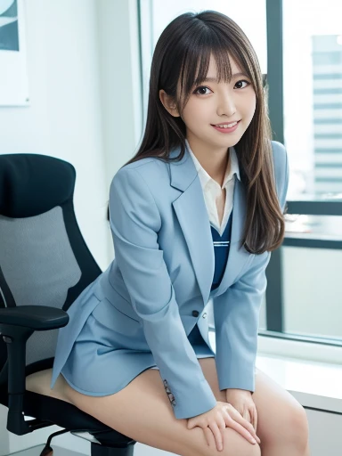 executive secretary, cream striped business suit, skirt, sitting on office chair, (legs spread:1.2), BREAK light blue panties, visible panties, from the front, from below, ((masterpiece)), ((best quality)), (ultra-detailed), ((beautiful eyes)), Japanese female, (slender), ((30 years old)), beautiful, (cheerful grin:1.3),