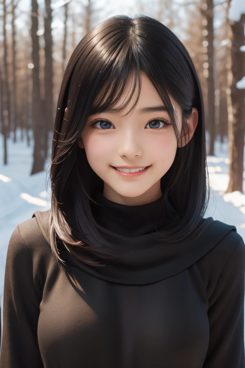 (ultra Realistic) , (illustration), (Enhance resolution), (8k), ( Extremely Detailed), ( detailed face ), Black Straight Hair, Slim Body, in the dark , deep shadow, low profile, pureerosfaceace_v1, Happy smile, Winter, forest