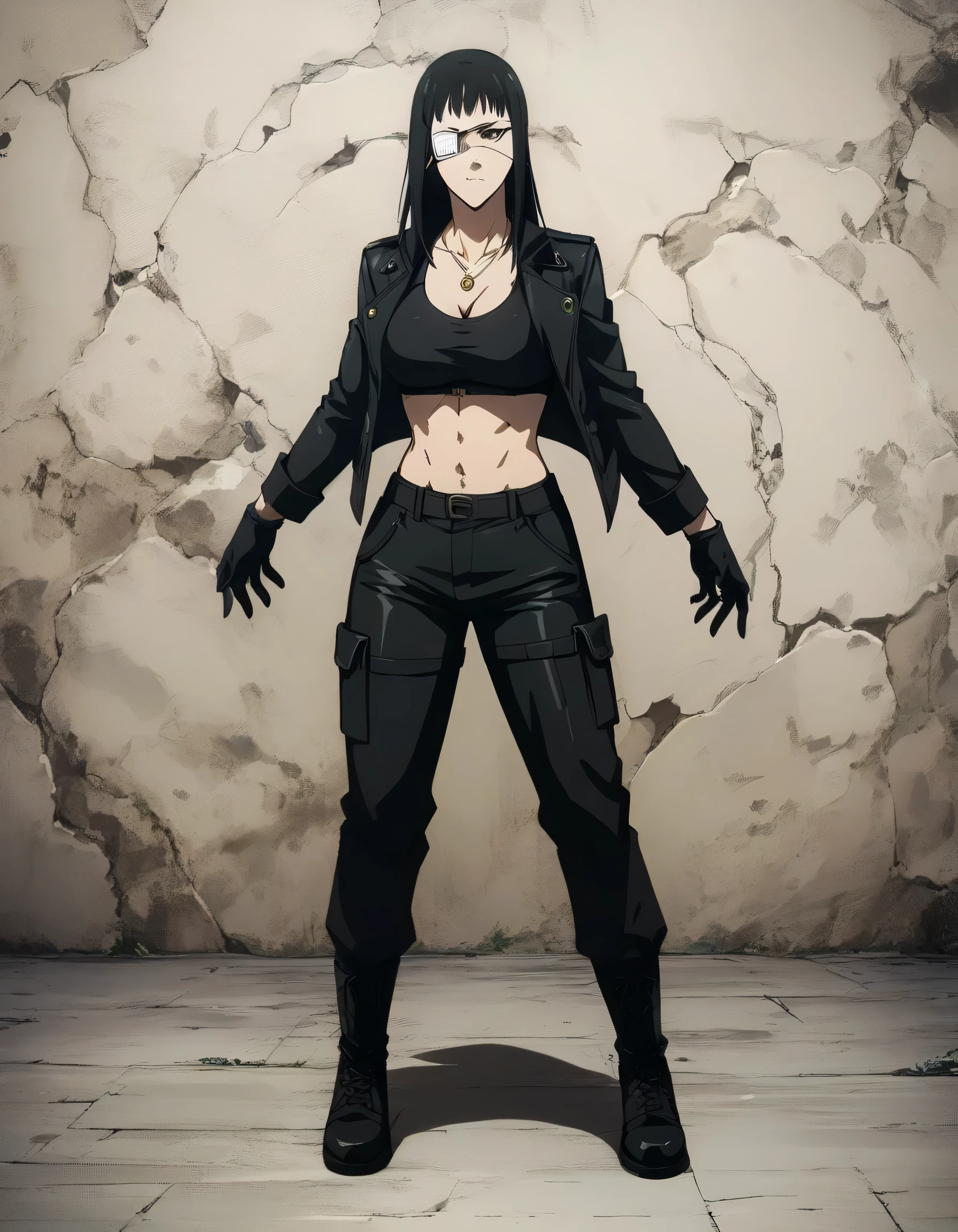 score_9, score_8_up, score_7_up,score_6_up,high resolution,source_anime,s0fiavalm3t,1girl,eyepatch,black hair,long hair,full body,dynamic pose,,pov,, black sport bra,tall leather black jacket,military trousers,black boots,military necklace,gloves,in military base,jormungand anime artstyle,pelvis,