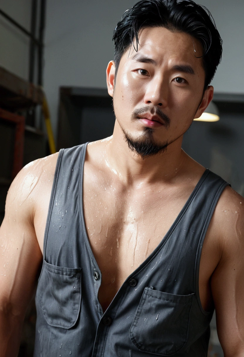 Three Korean men , Handsome technician , 35 years old, beautiful, Natural Black Hair,  goatee,  partially open work jumpsuit showing chest hair, eminent bump ,  tools in the pockets , dirty, sweaty,wet with sweat,  look mischievous and mischievous , detailed face, olhos beautifuls,  high quality, realistic, fotorrealistic,  sharp focus, 8k,  cinematographic lighting ,  dynamic composition , dramatica, DARK COLORS