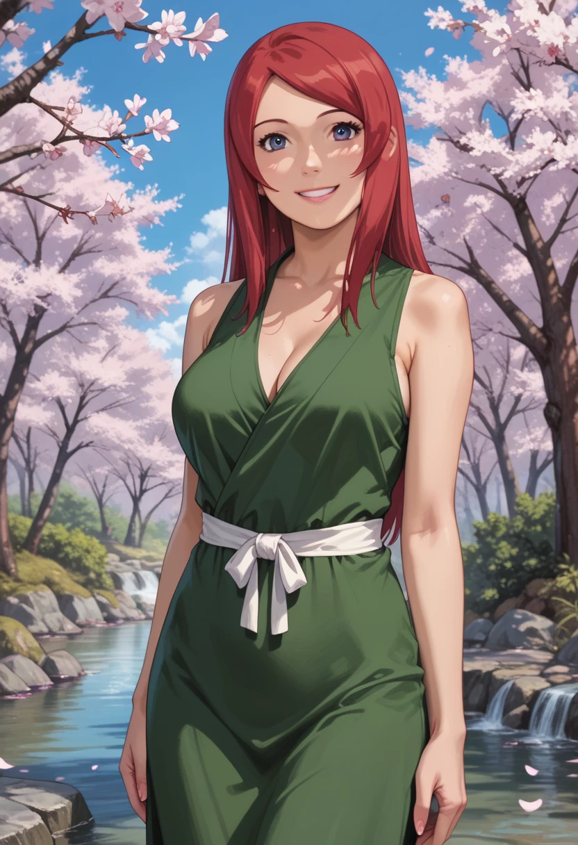 Uzumaki_kushina, big_breasts, Standing, Alone, kushina_green_dress,  masterpiece ,  best quality ,  detailed face ,  detailed eyes, highres, smile, happy,  cherry blossoms, hot springs, Punto de vista,