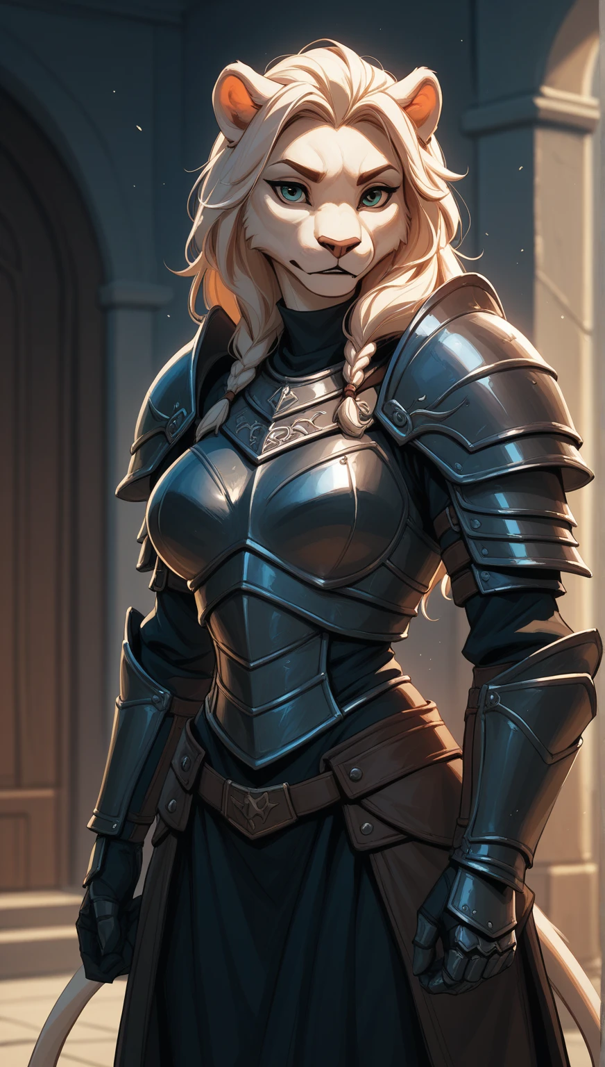Furry female art of an anthropomorphic lion with white fur rpg like wearing black armor