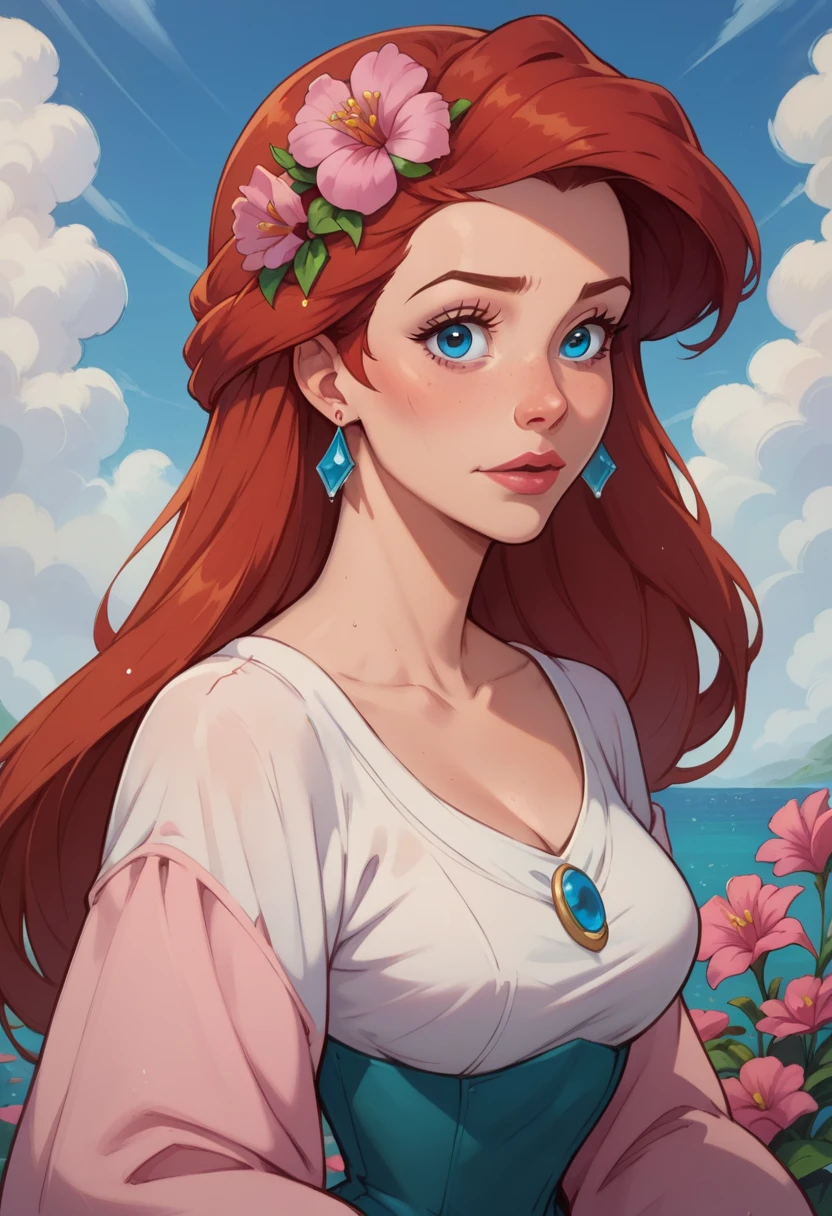 Ariel in a low-cut nirvana dress, looking at side, blue eyes and a pink flower on her left ear and long loose hair