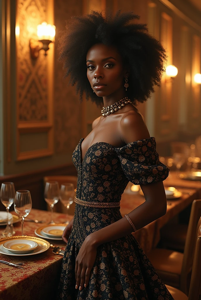 black princess with curly hair wearing a green princess dress, with a gold necklace with a green jewel and green heels at a ball alone and calm, holding a crystal glass of wine, Sitting on a fancy sofa. Everything in a realistic and beautiful way