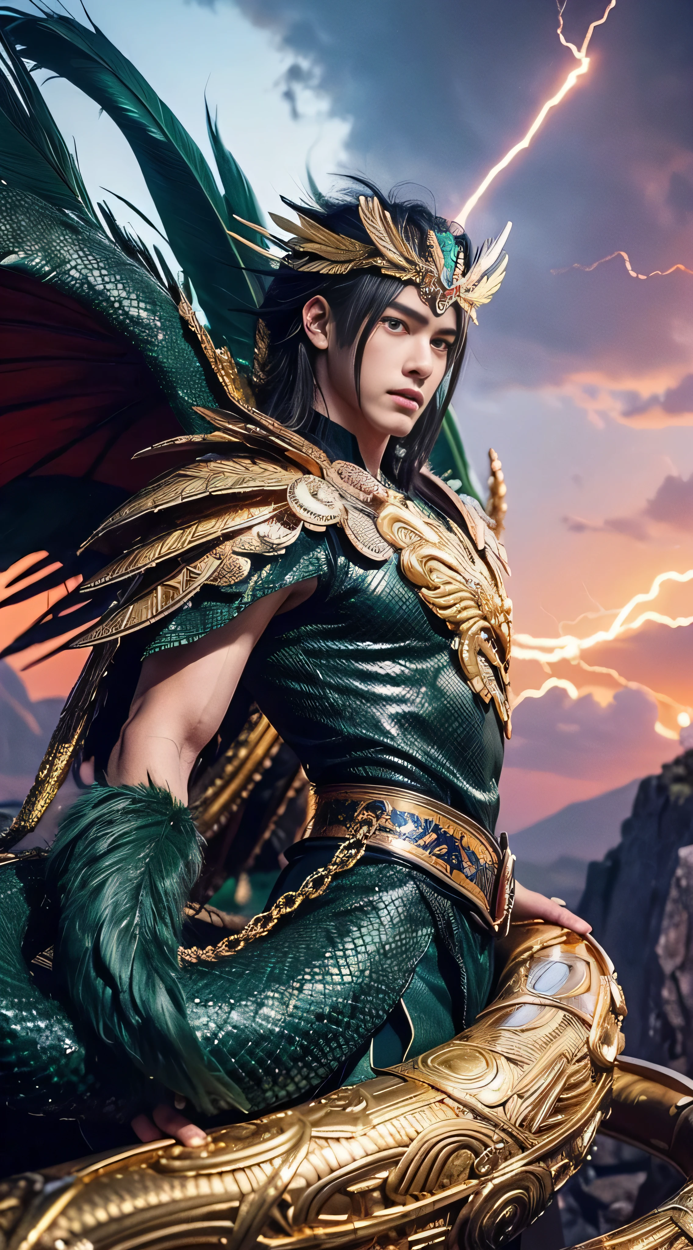 masterpiece,  top quality, { top quality}, {{masterpiece}}, { high definition }, Anime,  1 boy, Adult male,  attractive, exotic,  Quetzalcoatl,  Kukulcan , snake神,  dragon, snake, Flying Feathers , feather, Aztec, gold, gold, thunder, thunder  