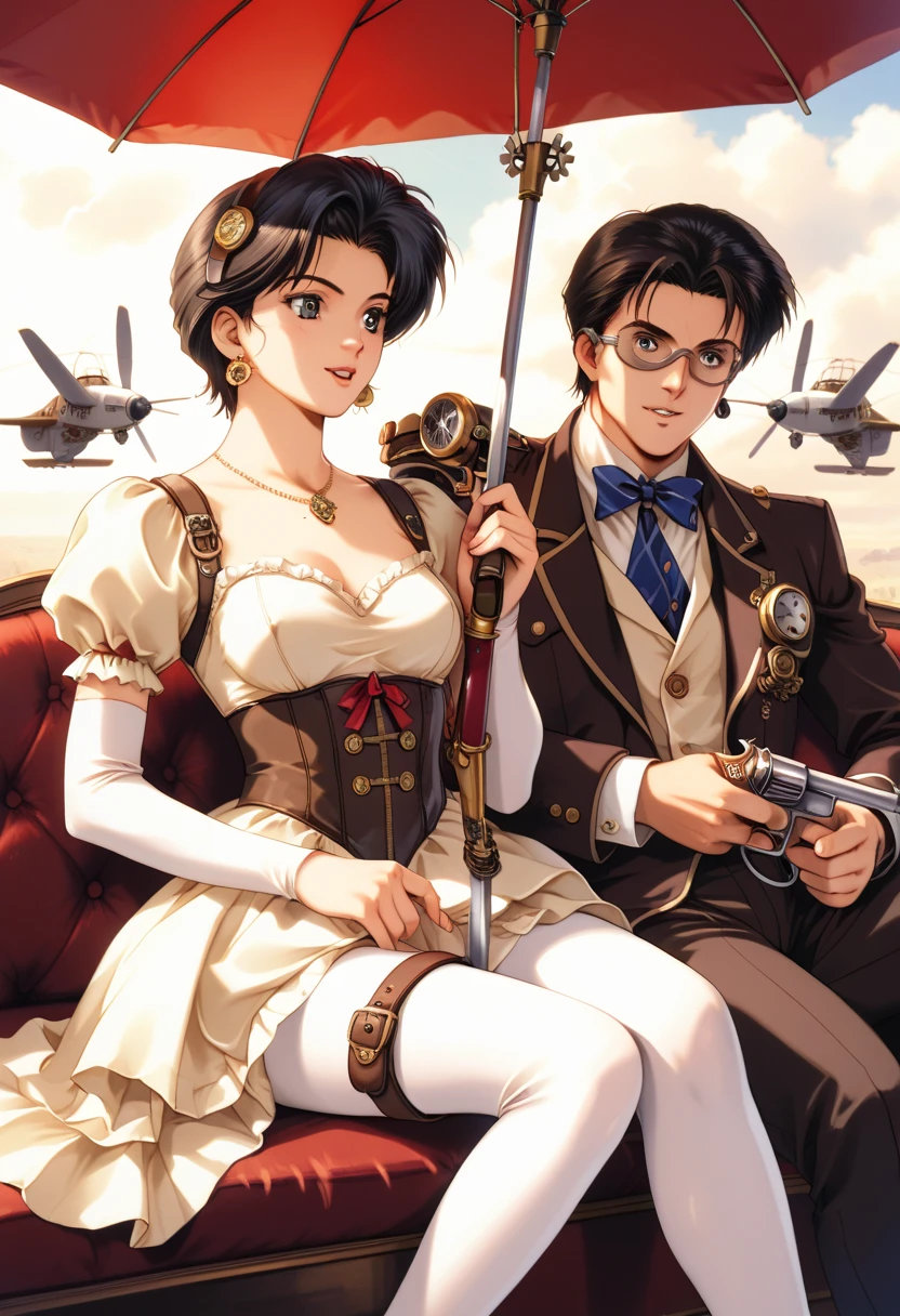   steampunk,  illustration, ultra detail, realistic, 2man,1girl, sitting,  hold a sword ,  hold a large caliber retro gun, SF,  Retro propeller plane, break, 1man, goggles,  machine arm , short hair,   steampunk aristocrat suit, break, 1man,   steampunk, jump suits, have revolver, shoulder holster, break, 1girl, Steampunk dress, jewelry, earring, Retro parasol  , ((Amaduyu Tatsuki style, Takeshi Nakamura style))