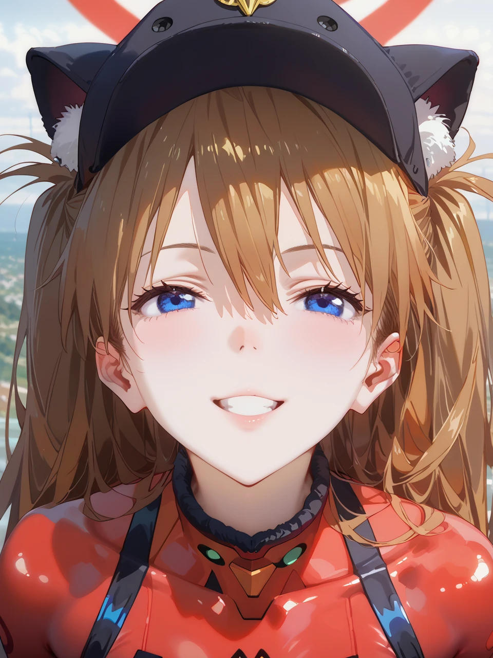         top quality,         top quality,       high quality pictures       ,     masterpiece  ,           super high resolution    ,          Detailed Background   ,          absurd,        perfect anatomy     ,          performance deep into the vagina  ,   good lighting  ,       Photo Gallery    ,         1 woman, Asuka Langley Soryu、 long hair、bangs、 blue eyes、 brown hair 、 hair ornament、
 red plug suit 、interface headset、(Cat hat、black)、、smile、beautiful、universe、moon、
