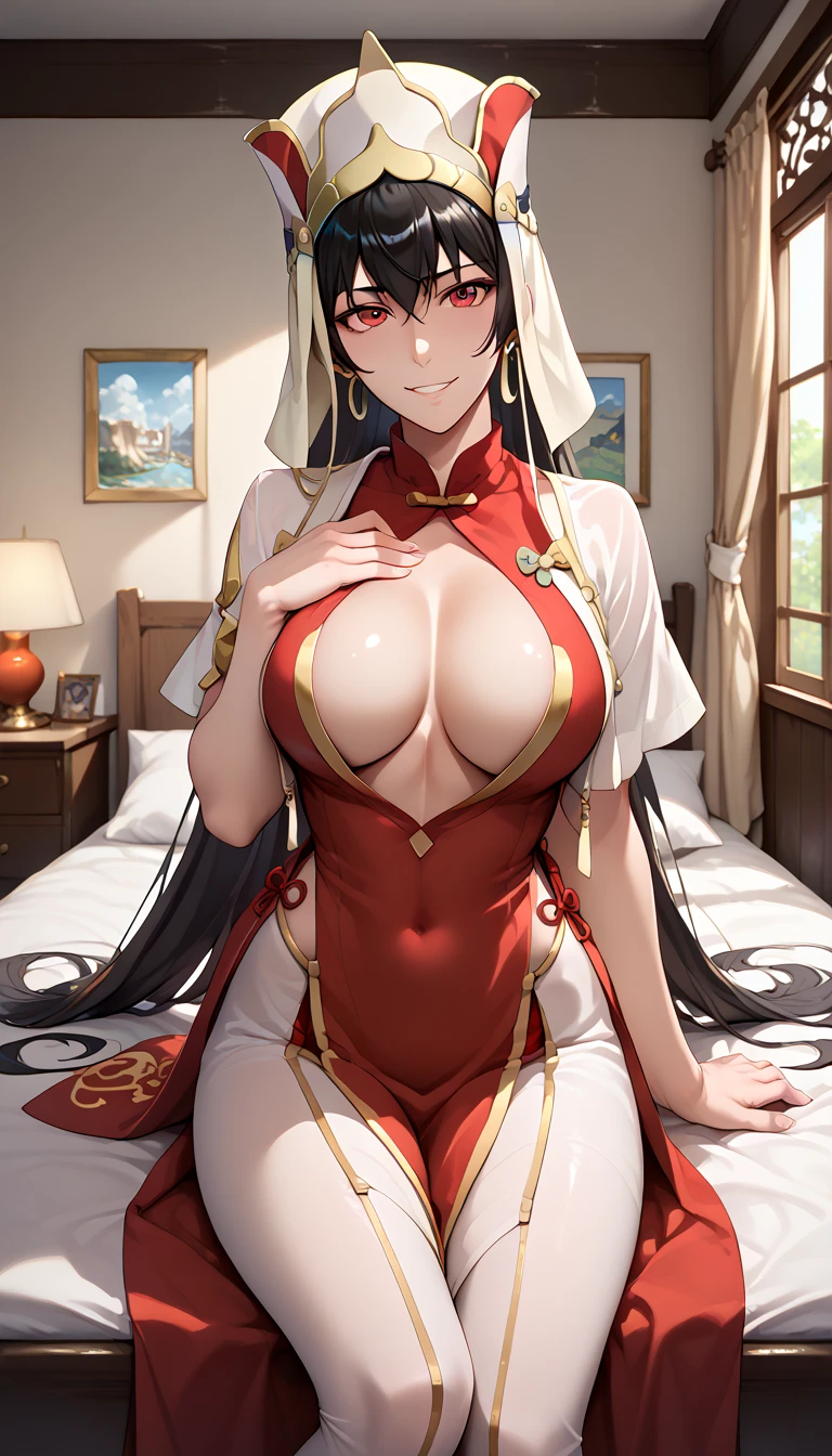 Erotic NSFW,(masterpiece), draw beautifully and in detail,ishigaki takashi Styles,Xuanzang Sanzang (Fate Grand Order) XL 3 costumes, black hair,Red Eye,Big Breasts, smiles,bedroom,front