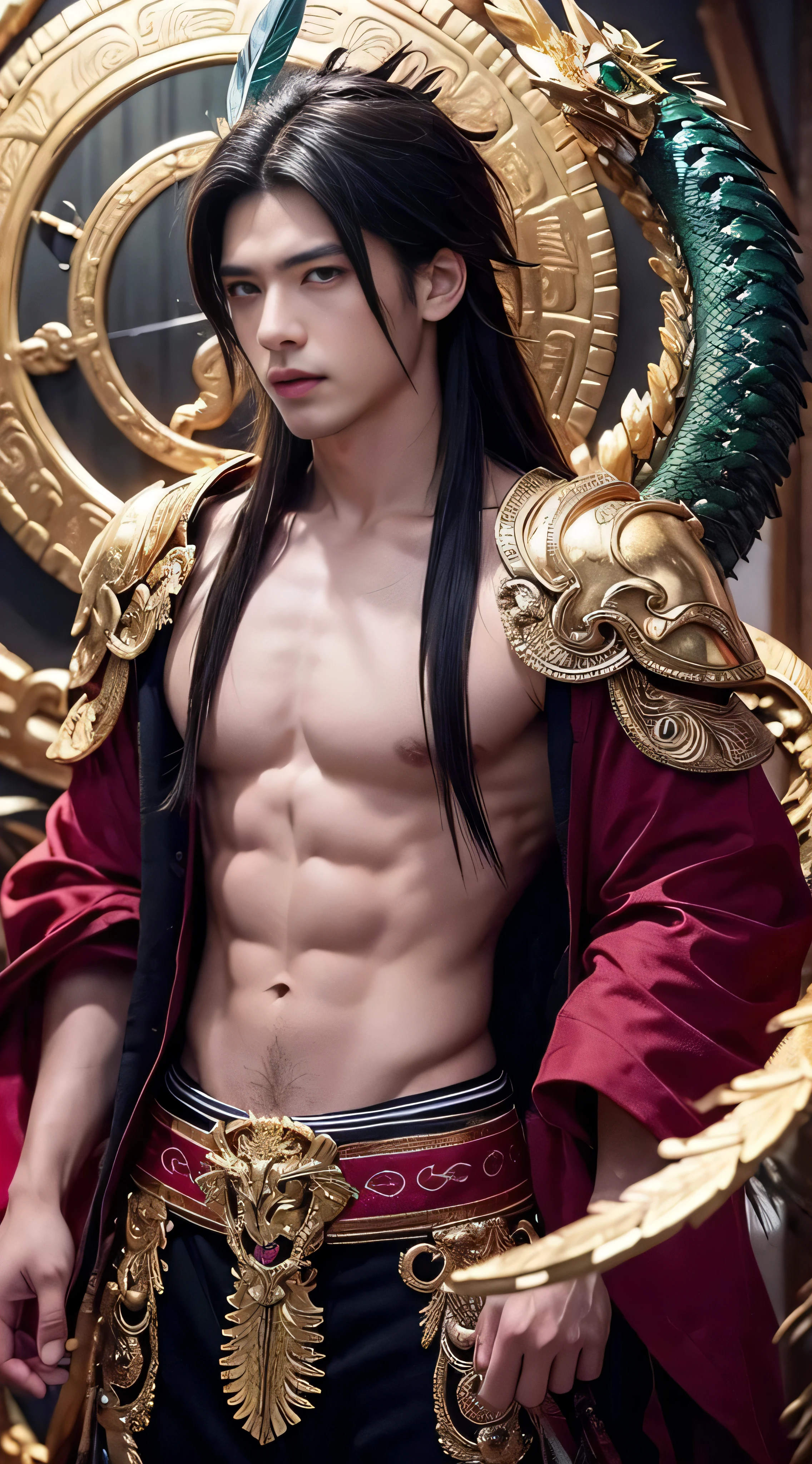 masterpiece,  top quality, { top quality}, {{masterpiece}}, { high definition }, Anime,  1 boy, Adult male,  attractive, exotic,  Quetzalcoatl,  Kukulcan , snake神,  dragon, snake, Flying Feathers , feather, Aztec, gold, gold, thunder, thunder  