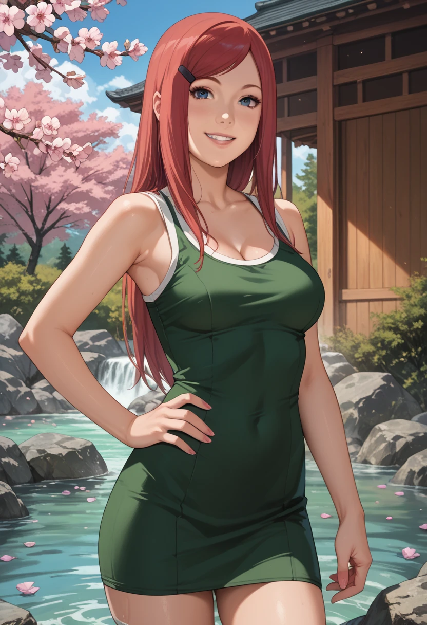 Uzumaki_kushina, big_breasts, Standing, Alone, kushina green_minidress,  masterpiece ,  best quality ,  detailed face ,  detailed eyes, highres, smile, happy,  cherry blossoms, hot springs, Punto de vista,