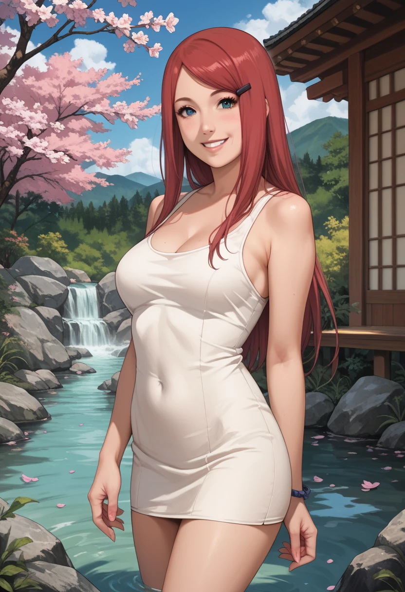 Uzumaki_kushina, big_breasts, Standing, Alone, kushina green_minidress,  masterpiece ,  best quality ,  detailed face ,  detailed eyes, highres, smile, happy,  cherry blossoms, hot springs, Punto de vista,