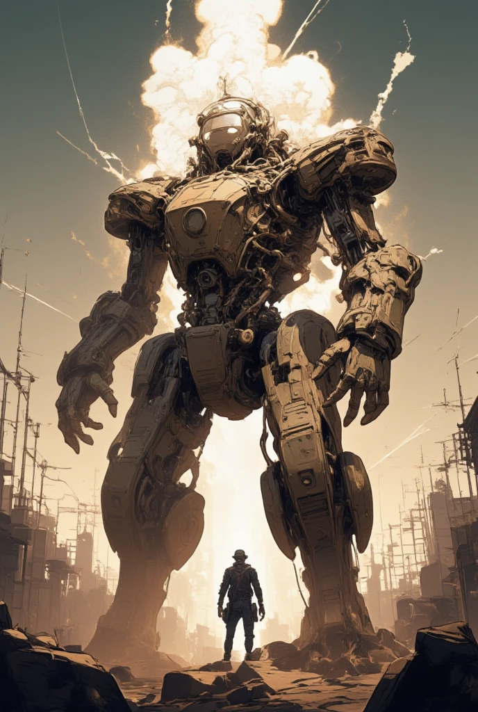 steam engine everywhere.(in the steampunk mechanical beautiful city,focus at the people of the city), (gigantic Steampunk mecha,retro mecha,taking fight stance, realistic, dynamic background, focus on robot, blurry background,dynamic angle,shot from below,impressive,Substantial,Imposing,Solid,overwhelming presence.,Steam erupting from body everywhere.pilot is looking up at).  (steampunk landscape, ground level shot). sci-fi,science fiction.(highly detailed, the wallpaper, golden ratio, high saturation realism, vibrant colors, dramatic lighting, persuasive storytelling, atmospheric scenery, captivating visuals, intricate details, strong emotions, dreamlike world).great landscape.screen shot of game,clckwrk,steam,mood of old comics