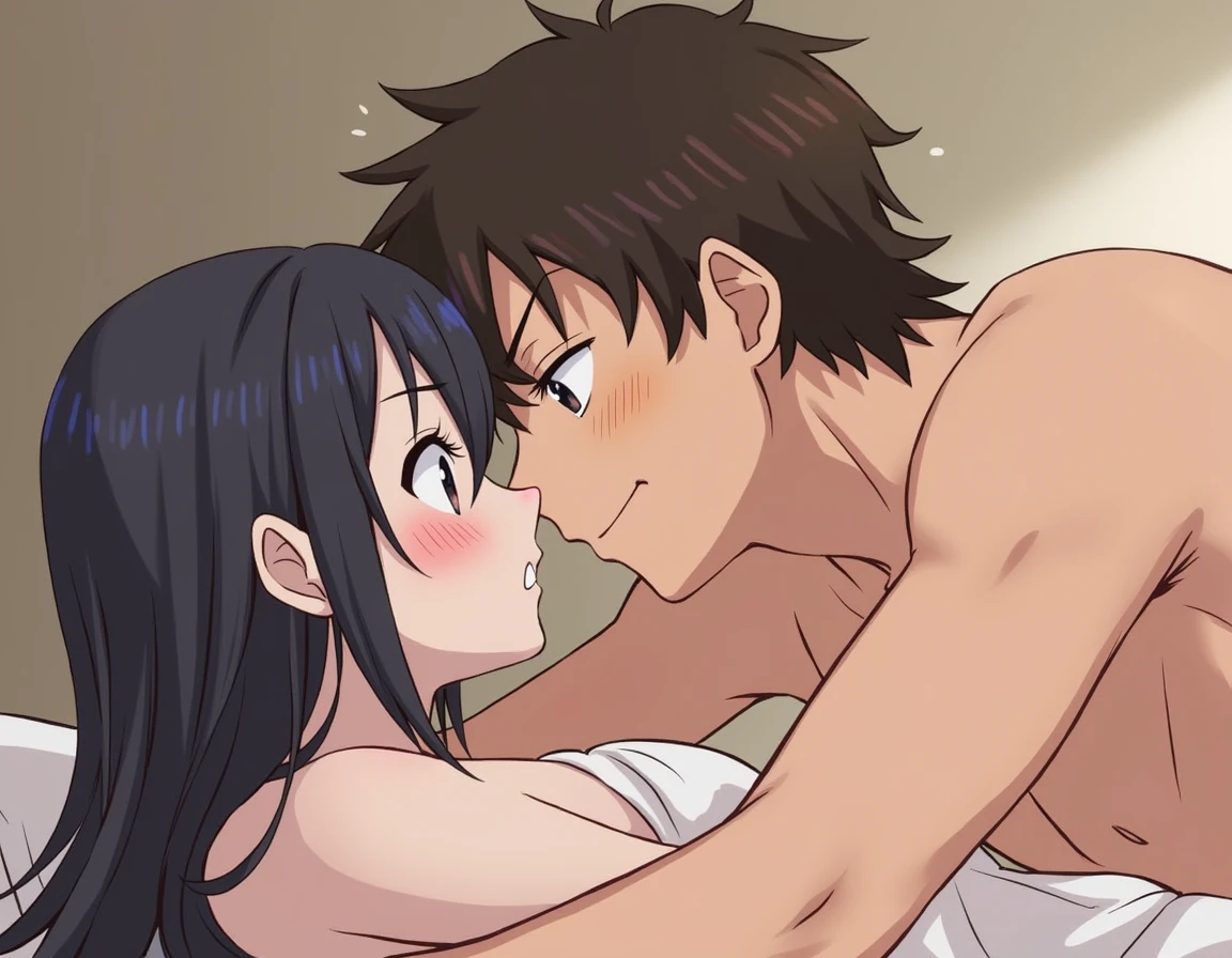 shinkai makoto, kimi no na wa., 1boy, nude, muscular, buzzcut, boy behind girl, touching chest, breatsgrope from behind, grab, grabbing chest,chestgrab behind back, hold breast, hug back, hugging, 1girl, bangs, black hair, brown eyes, twisted half up, long hair, hair ribbon, sexy pose, arms up, beach, open mouth, blush,  cowboy shot, medium breast, masterpiece, indoors, night, bedroom 