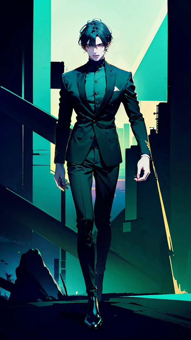 Full-body view, 8K resolution, high detail, around 20 years old, (one male), black hair with purple highlights, green eyes, sci-fi-style outfit, black attire with green accents, ((UHD, masterpiece, super detail, best quality, highres, 8k)), (detailed line art), perfect face, perfect body, perfect hands, perfect feet.