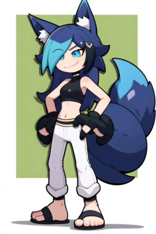 Blue hair, wolf ears, white crop top, blue pants,  blue tail, purple fingerless gloves, purple flipflops, eye lashes, sleeveless, wink,prngs, hands on hips, white tip on tail, full body