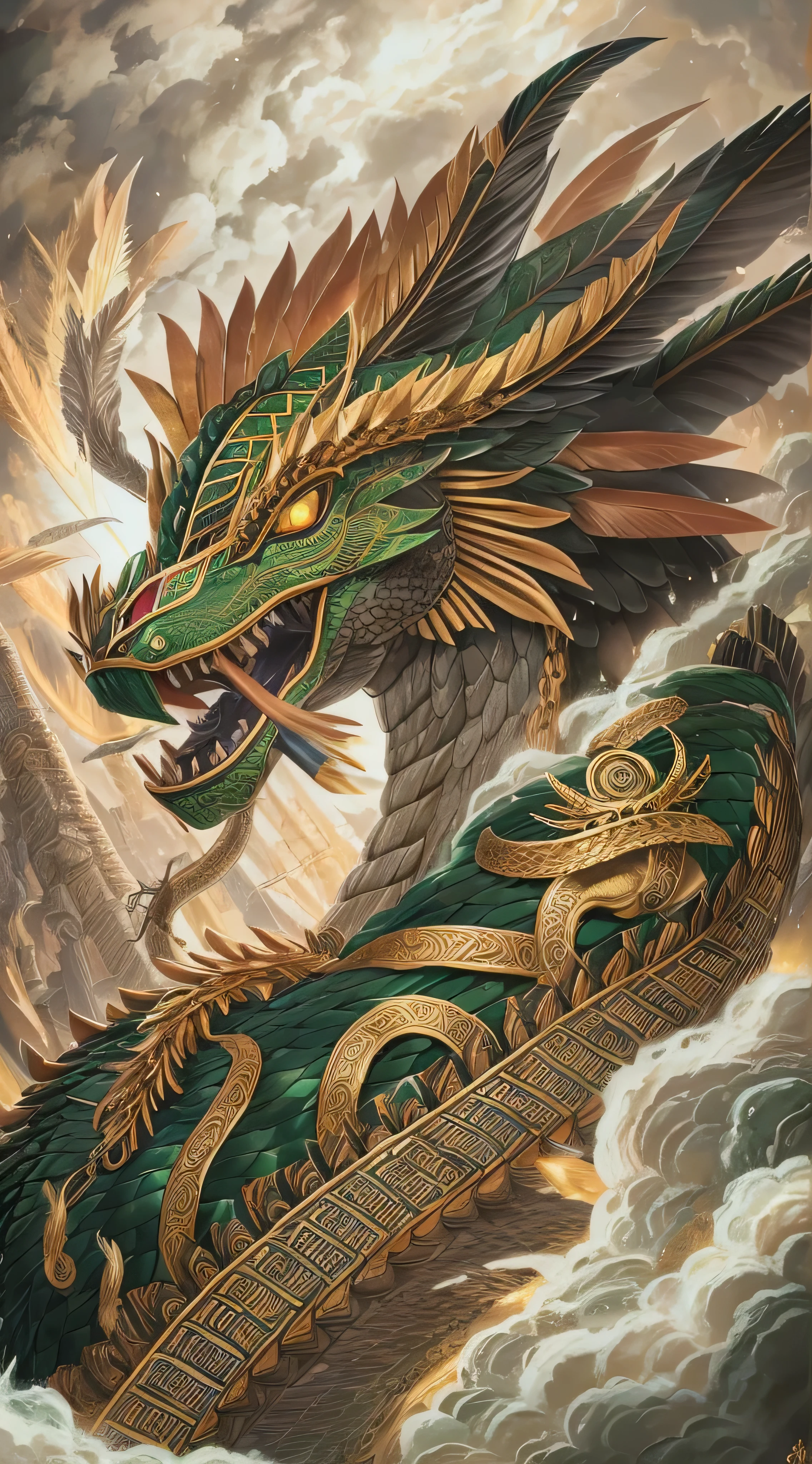 masterpiece,  top quality, { top quality}, {{masterpiece}}, { high definition }, Anime,  1 boy, Adult male,  attractive, exotic,  Quetzalcoatl,  Kukulcan , snake神,  dragon, snake, Flying Feathers , feather, Aztec, gold, gold, thunder, thunder  