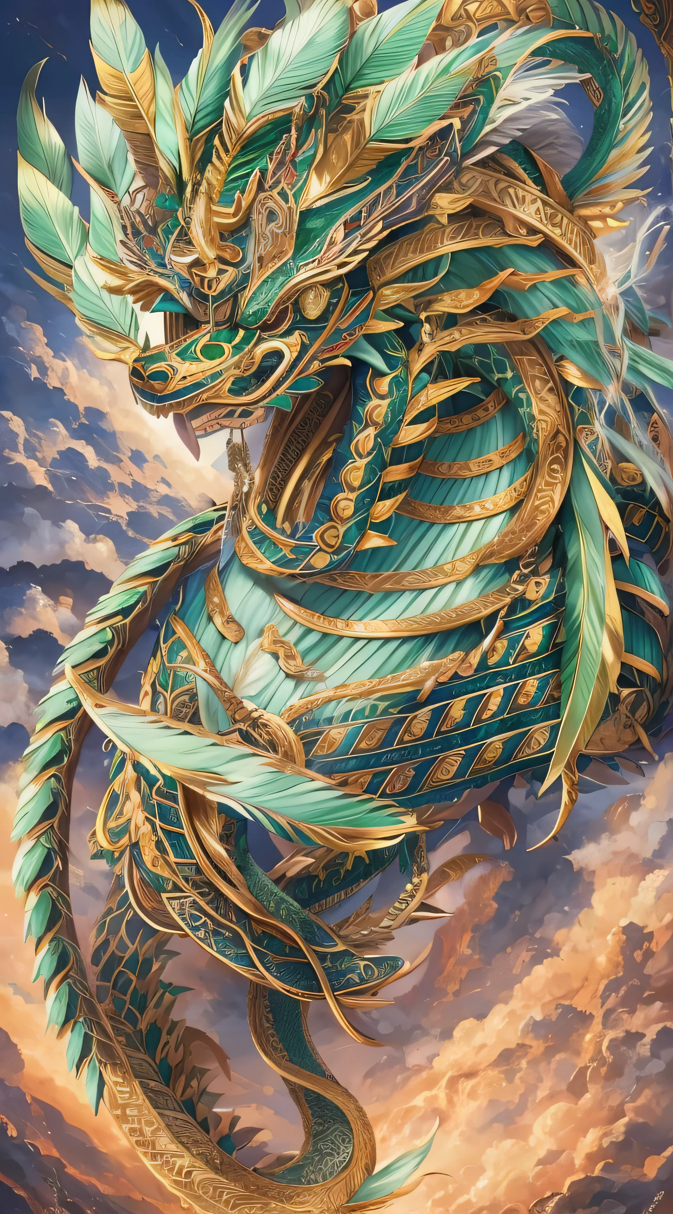 masterpiece,  top quality, { top quality}, {{masterpiece}}, { high definition }, Anime,  1 boy, Adult male,  attractive, exotic,  Quetzalcoatl,  Kukulcan , snake神,  dragon, snake, Flying Feathers , feather, Aztec, gold, gold, thunder, thunder  