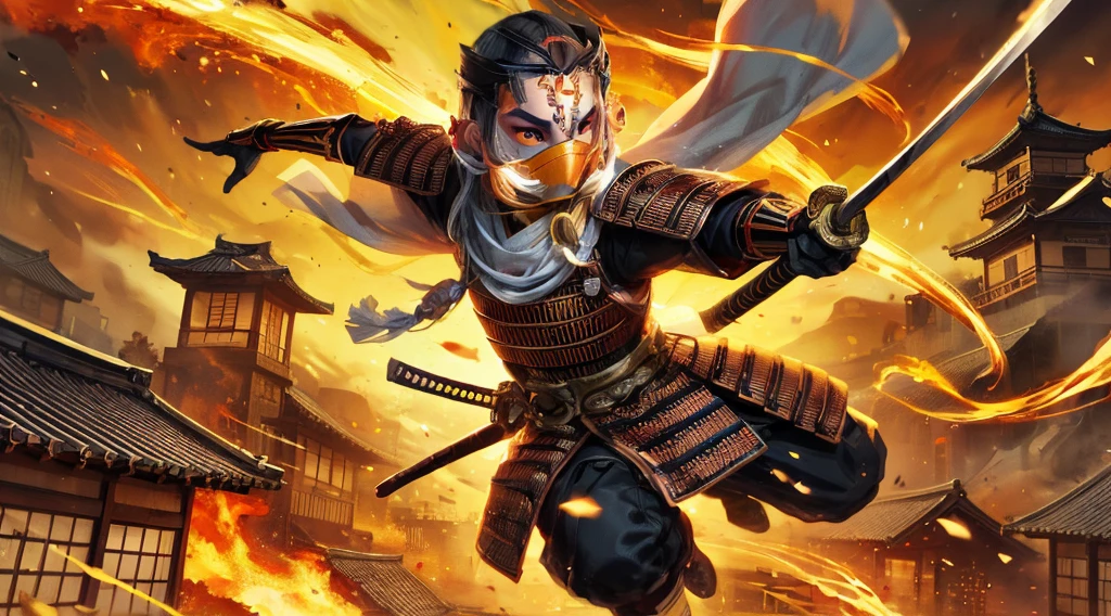 An anime-style illustration of Jin Sakai, wearing a gold mask with a white mustache, in a dynamic battle-ready pose. Traditional samurai armor glints under a fiery sunset, surrounded by cherry blossoms caught in the wind. Warm orange and red hues, dramatic shadows, intense cinematic atmosphere, intricate armor detailing, masterful brushstrokes, Japanese art influence, high contrast lighting, ultra-HD quality --ar 2:3 --niji 6