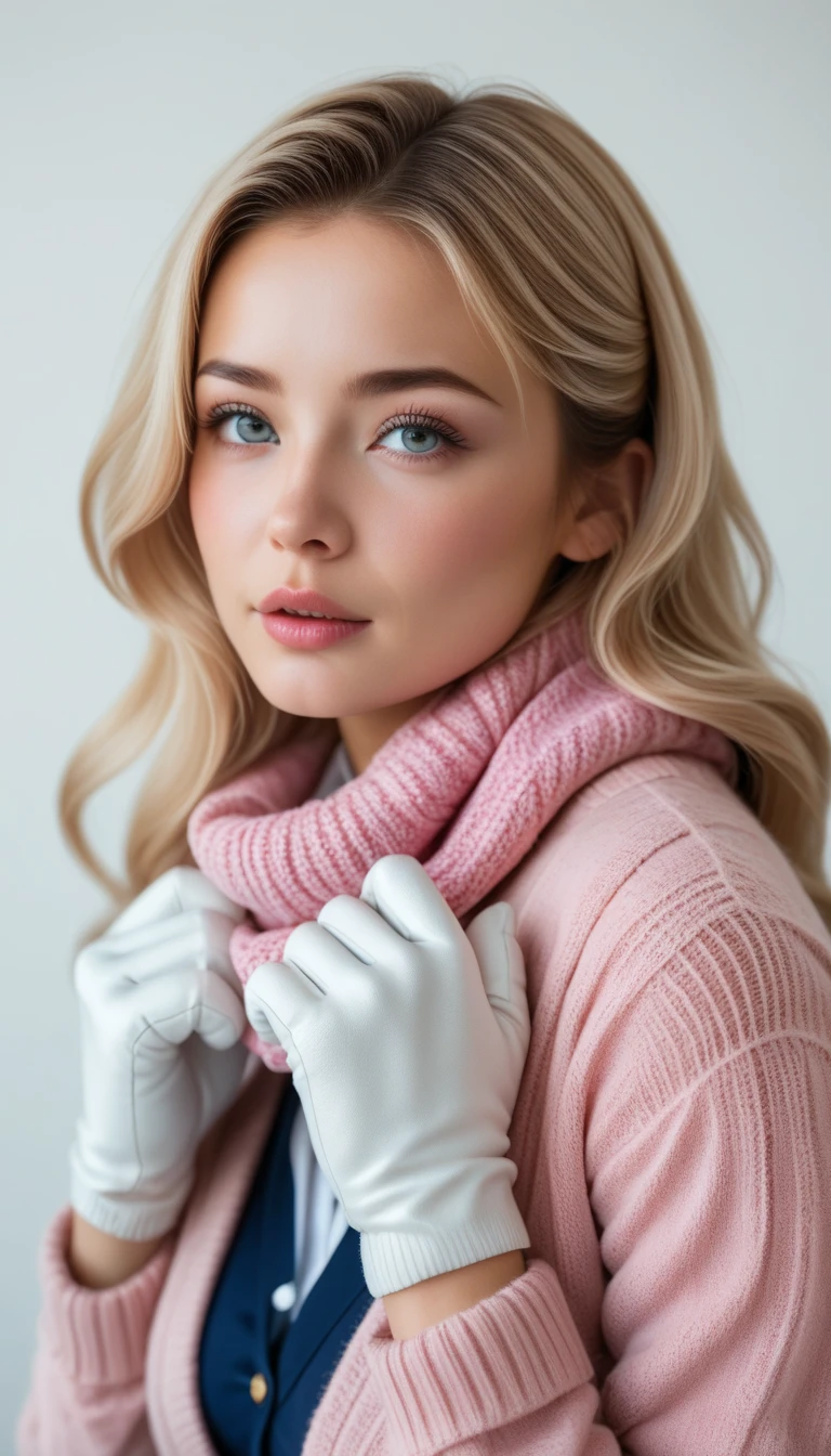  １  girl 、 large lowered eyes、  cute expression  、 Close your lips、  skin texture、  white background  、(uniform、blouse、 Bordeaux cardigan  、 Wool Scarf  ) 、Warm your cheeks with white mittens、  Sparkling Reflections 、Pink bronze hair  、   long hair、  white tone、Warm Light、 high definition 