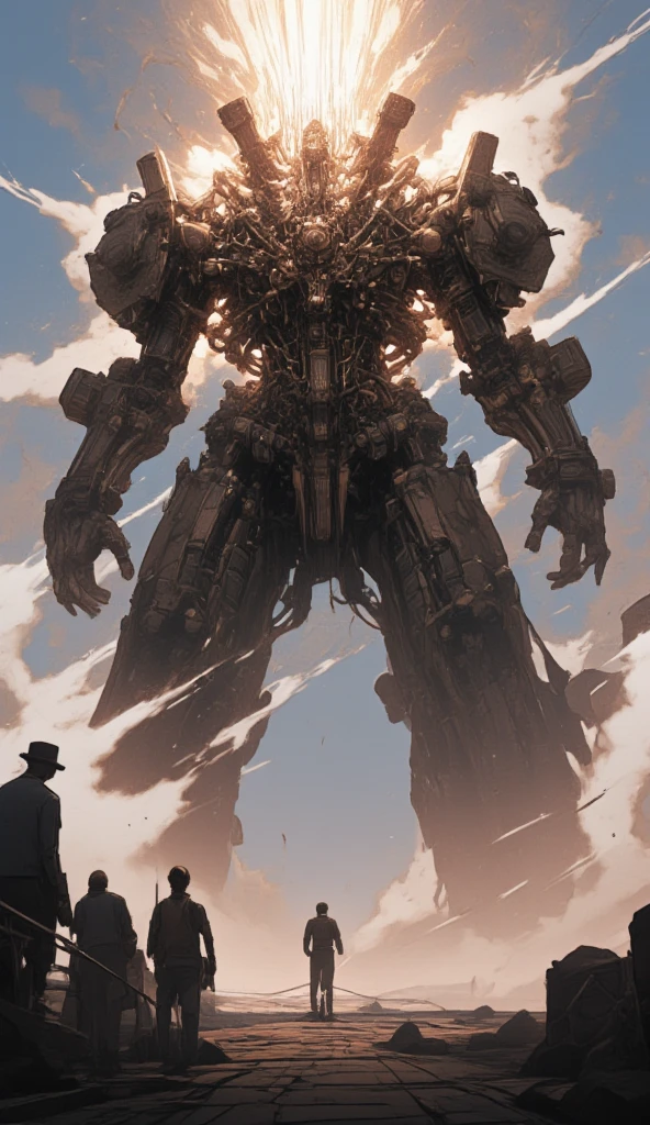 steam engine everywhere.(in the steampunk mechanical beautiful city,focus at the people of the city), (gigantic Steampunk mecha,retro mecha,taking fight stance, realistic, dynamic background, focus on robot, blurry background,dynamic angle,shot from below,impressive,Substantial,Imposing,Solid,overwhelming presence.,Steam erupting from body everywhere.pilot is looking up at).  (steampunk landscape, ground level shot). sci-fi,science fiction.(highly detailed, the wallpaper, golden ratio, high saturation realism, vibrant colors, dramatic lighting, persuasive storytelling, atmospheric scenery, captivating visuals, intricate details, strong emotions, dreamlike world).great landscape.screen shot of game,clckwrk,steam,mood of old comics