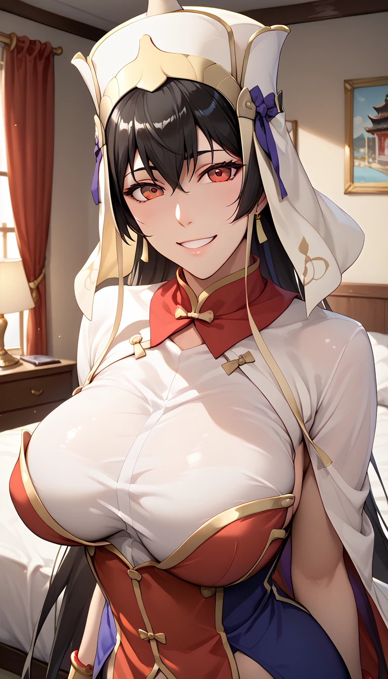 Erotic NSFW,(masterpiece), draw beautifully and in detail,ishigaki takashi Styles,Xuanzang Sanzang (Fate Grand Order) XL 3 costumes, black hair,Red Eye,Big Breasts,Smiling cutely,bedroom,front