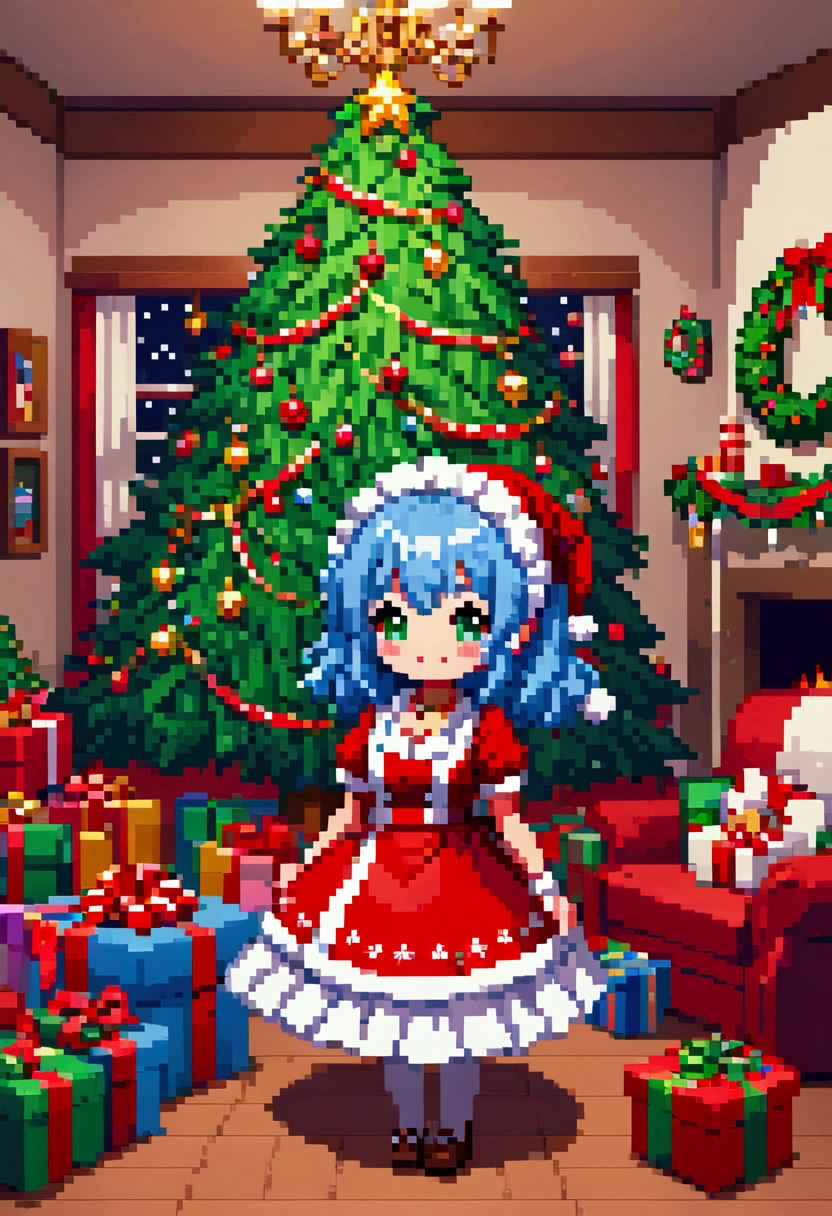  A cozy living room painting ， Full of colorful Christmas gifts ，Christmas tree， Very detailed interior design ，  Lively Colors  ， Pixel Art , Blocks,  Pixel Art 风格, 8-bit graphics, Anime Girl， Messy blue hair ，  blush，  charming smile ， red and green christmas maid outfit ，Hair accessories，necklace，  A fantastic and magical atmosphere  ，Soft Light，  bright colors  ，Wide-angle field of view，  amazing visual effects  ， Imaginative 