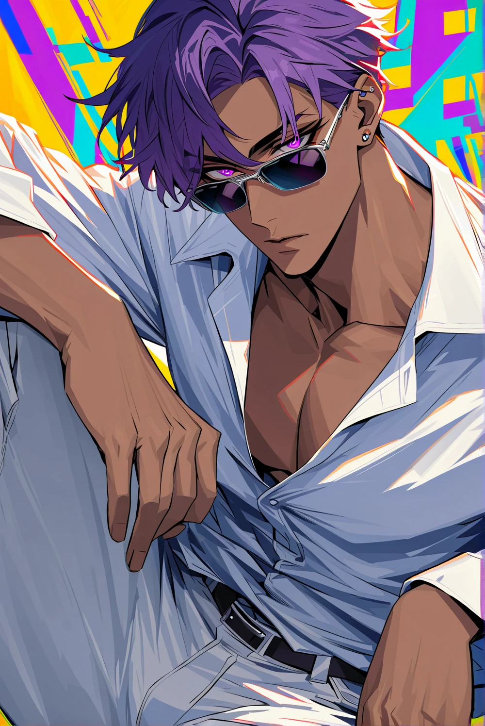 アニメ, best qualityer, white male, purple gradient hair,  black jersey, round sunglasses smoking 