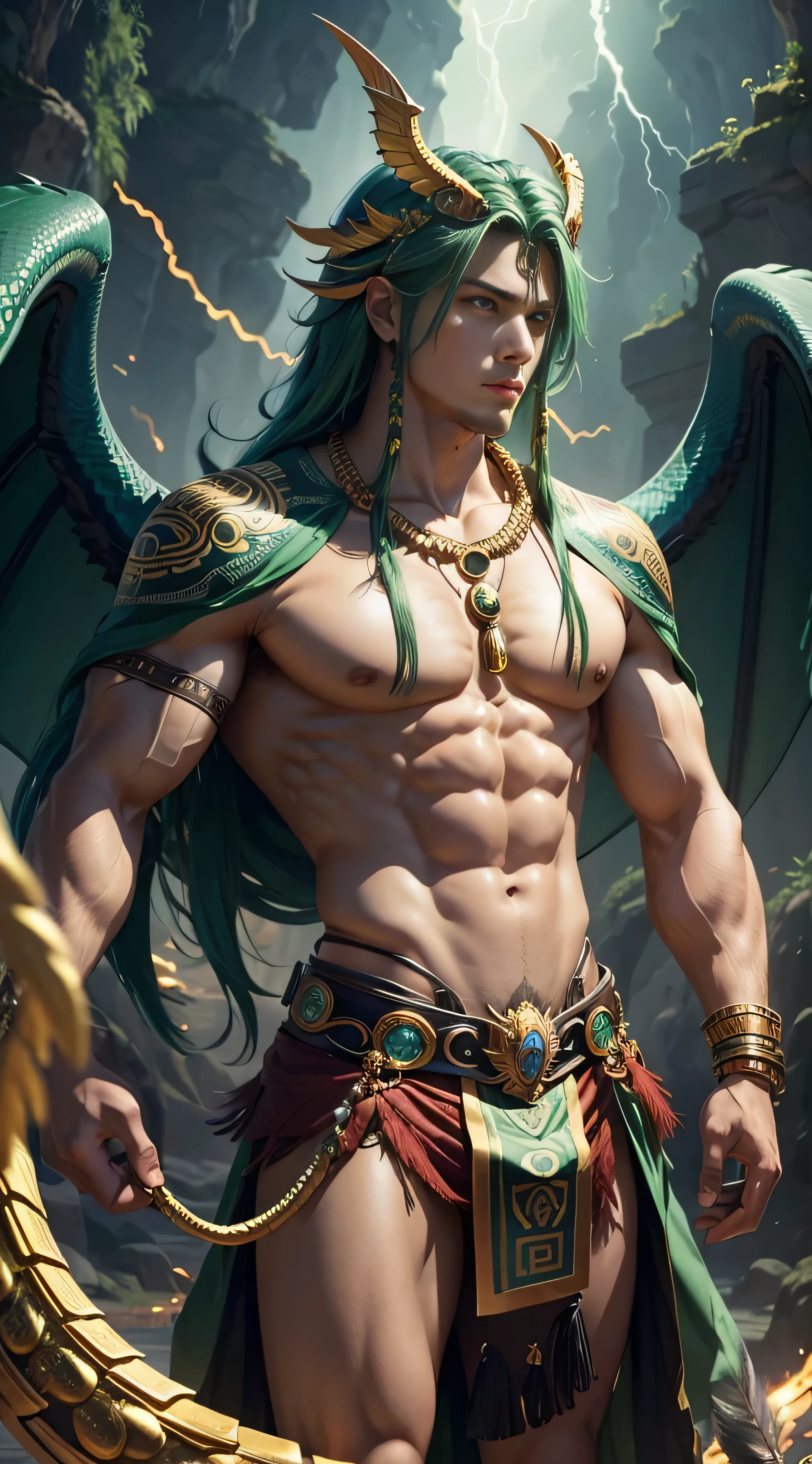 masterpiece,  top quality, { top quality}, {{masterpiece}}, { high definition }, Anime,  1 boy, Adult male,  attractive, exotic,  Quetzalcoatl,  Kukulcan , snake神,  dragon, snake, Flying Feathers , feather, Aztec, gold, gold, thunder, thunder  